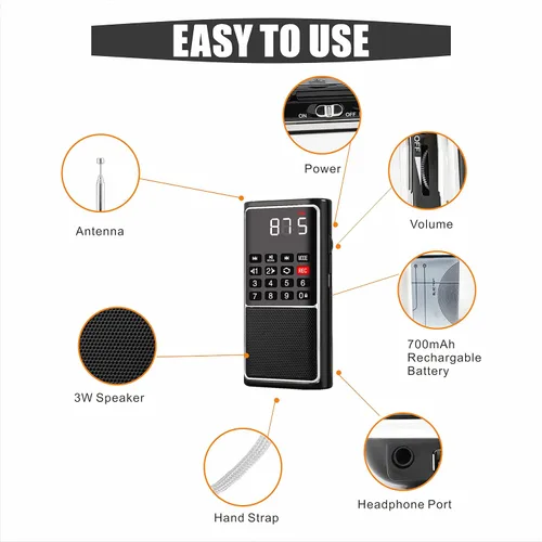 Miniatura 2 de Leting Radio portátil con altavoz MP3, radios FM portátil, soporte de radio FM, tarjeta TF/USB/grabación de música, mini radio con batería Negro