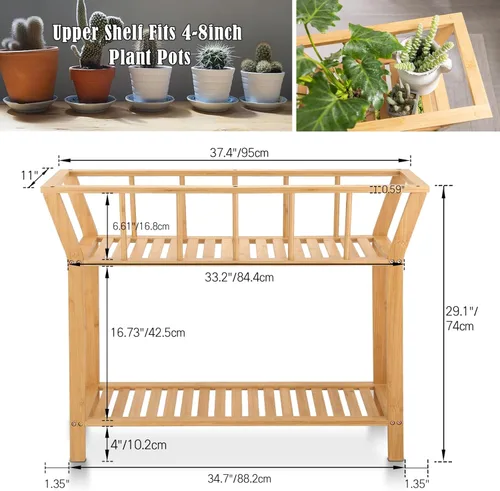Miniatura 6 de Nnewvante Soporte de bambú para plantas de interior de 37.4 x 11 pulgadas, 2 niveles de alto, estante organizador de macetas, mesa de entrada