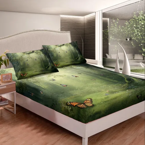 Miniatura 2 de Juego de sábanas bajeras de selva tamaño individual, diseño de mariposas de ensueño, para niños, niños, ramas de árbol, juego de decoración de cama