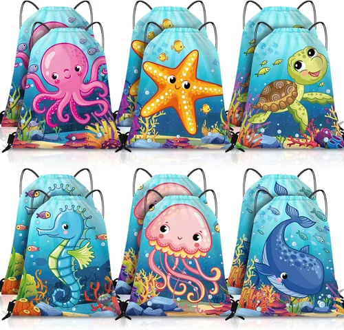 Frienda 12 bolsas con cordón para fiestas oceánicas, mochila bajo el mar con criaturas para niños, suministros de fiesta de cumpleaños en el océano,