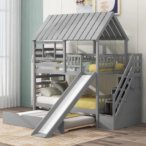 Miniatura 28 de Litera de casa individual sobre cama individual con tobogán convertible y nido, litera de madera maciza con techo y ventana para niños, verde-blanco