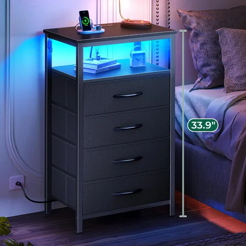 Miniatura 4 de Huuger - Mesita de noche con estación de carga y luces LED, mesita de noche de 4 cajones, mesa auxiliar con estante abierto, mesa de cabecera, Negro