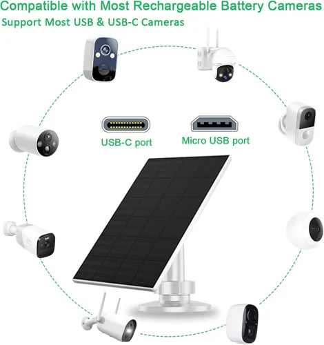 Miniatura 2 de FUTUREZEN Panel solar de 2 W para cámaras de seguridad, cargador solar de 5 V para cámaras de batería recargable con puertos micro USB y USB-C