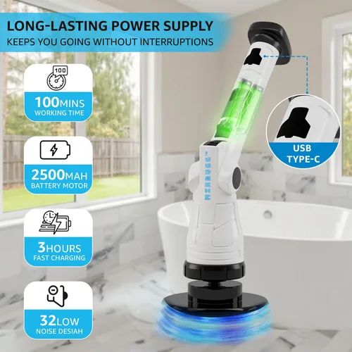 Miniatura 7 de Depurador eléctrico giratorio, limpiador eléctrico de 3 velocidades para limpiar el baño, cabezal ajustable de 6 ángulos con 8 cabezales de cepillo