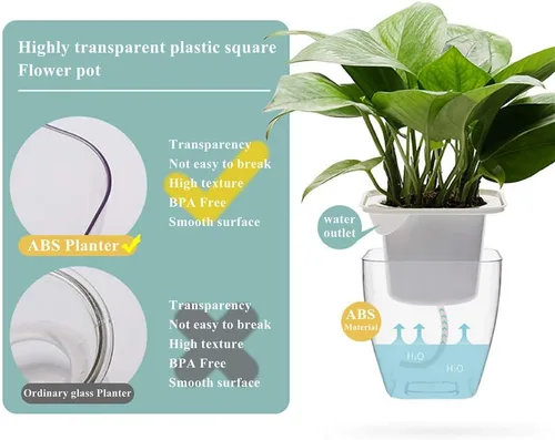 Miniatura 6 de FENGZHITAO - Maceta de riego automático, macetas de plástico transparente con riego automático, maceta cuadrada para todas las plantas de casa