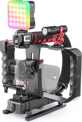 Zeadio Kit estabilizador de cámara para smartphone, mango portátil, soporte de video portátil con luz de video RGB y micrófono, se adapta a todas