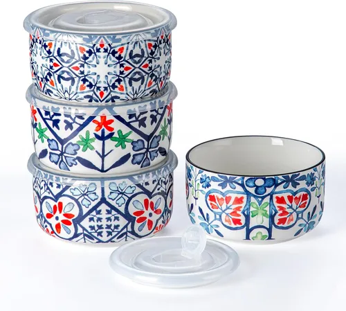 Miniatura 11 de Cuenco de cerámica con tapa, apto para microondas, juego de 4 Food Storage Containers for Soup, Meal Prep, Cereal, Salad Leftovers - Picnic