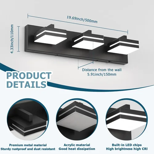 Miniatura 5 de Joossnwell Luces negras de tocador para baño, regulables, 5CCT (3 luces, 19.69 pulgadas), modernas lámparas de baño sobre espejo LED para tocador