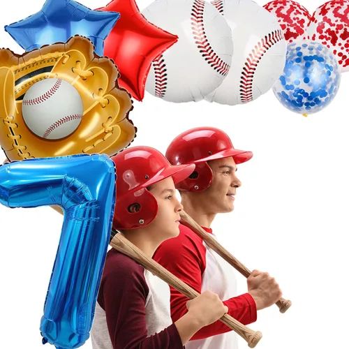 Miniatura 7 de Globos de béisbol de papel de aluminio para decoración de cumpleaños, globos con el número 7, globos de confeti de estrella roja y azul para Béisbol