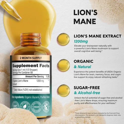 Miniatura 5 de Lions Mane Liquid – Suplemento orgánico de Lions Mane certificado por USDA – Apoyo cerebral, energía, memoria y enfoque – Extracto de hongo Lion's