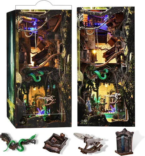 Miniatura 14 de MiniCity Kit de rincón de libros, kit de bricolaje en miniatura para casa de muñecas, rompecabezas de madera 3D, decoración con luz LED