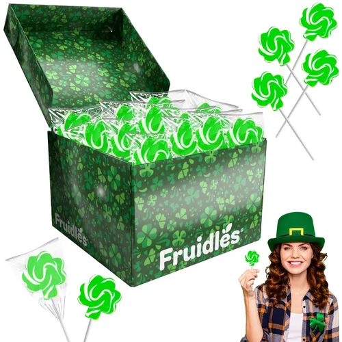 Paleta de remolino de trébol de San Patricio verde y blanco, rellenos de bolsas de fiesta, envueltas individualmente (paquete de 12)