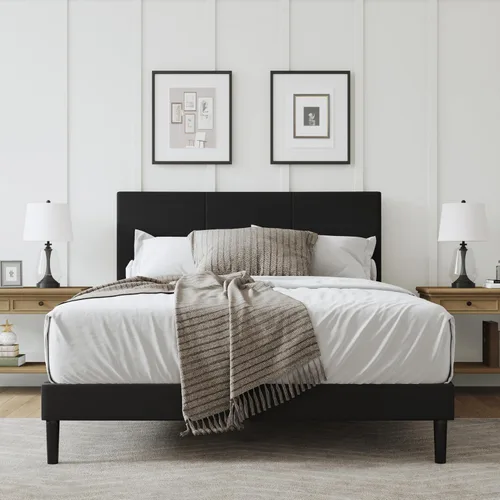 Miniatura 13 de Marco de cama tamaño completo con cabecero – Elegante marco de cama plataforma tapizado con canales verticales acolchados de servicio pesado