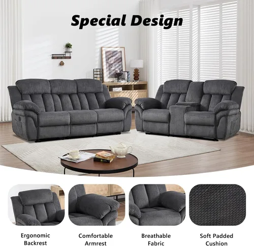 Miniatura 4 de CANMOV Juego de sofá reclinable, sofá biplaza reclinable manual y sofá de 3 plazas con reposabrazos sobrerelleno para sala de estar, muebles de Gris