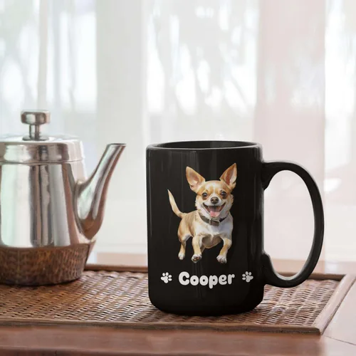 Miniatura 5 de Taza de viaje negra personalizada con nombre a elegir de 11 onzas, 15 onzas, taza de cerámica personalizada para perros Chihuahua, regalo
