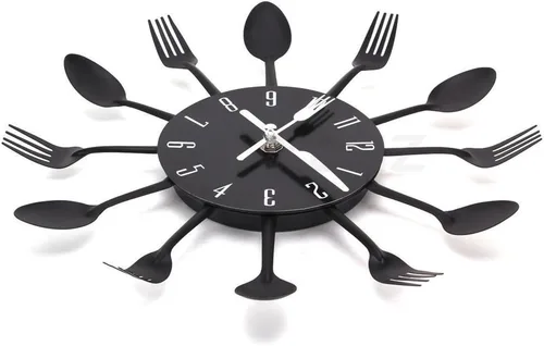 Miniatura 6 de Reloj de pared creativo con cuchillo de tenedor, cubertería de cocina, novedoso reloj colgante decorativo, cuchara de acero inoxidable, reloj Negro