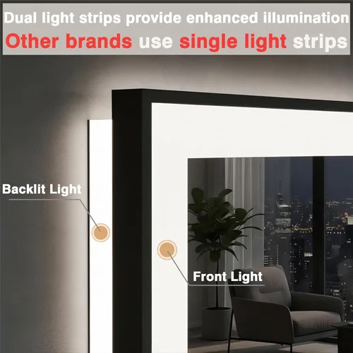 Miniatura 8 de EchosLife Espejos de baño LED de 20 x 28 pulgadas para pared, marco de aluminio negro (frontal y retroiluminado), espejo de tocador antivaho