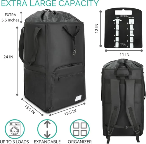 Miniatura 3 de TERRA HOME College Essentials - Mochila de lavandería de tamaño de viaje, portátil, duradera, plegable, bolsa de lavandería con bolsillos para Negro