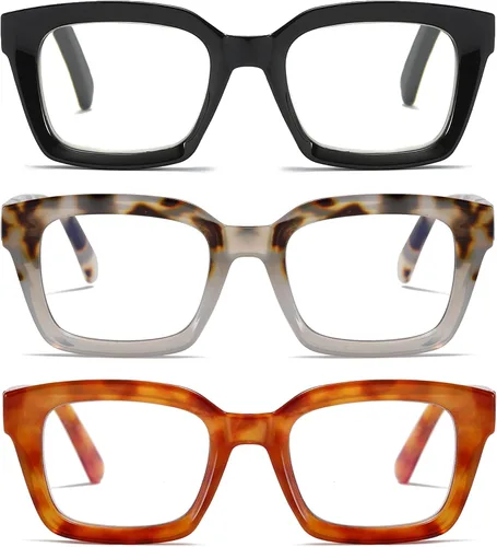 3 Pack Oversize Square Design Reading Glasses for Women, Blue Light Blocking Computer Reader