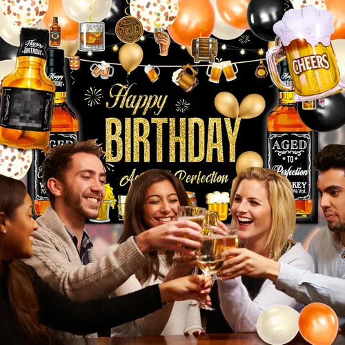 Miniatura 5 de Bluegogo Decoraciones de fiesta de whisky para hombres, kit de 82 piezas envejecidas a la perfección con globos de aluminio, telón de fondo