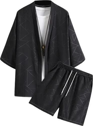Verdusa Conjunto corto y camiseta tipo kimono de manga larga de 2 piezas para hombre