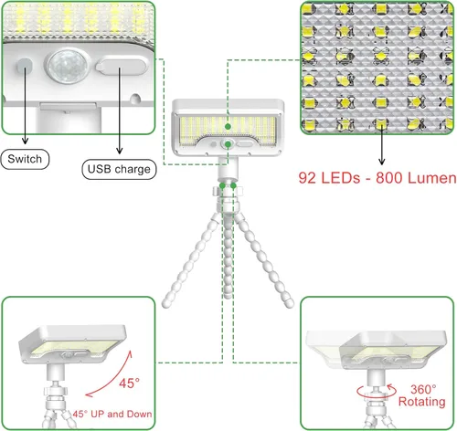Miniatura 3 de Tryme 92 luces LED solares al aire libre impermeables con sensor de movimiento, soporte de pulpo, ángulo ajustable, lente difusora óptica, 3 modos