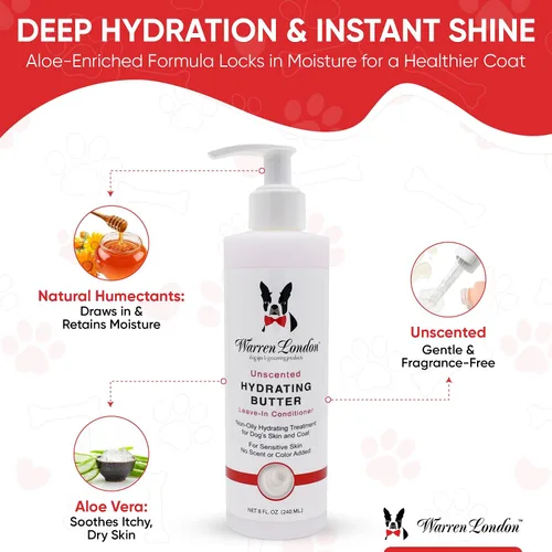 Miniatura 3 de Warren London Acondicionador hidratante de mantequilla sin enjuague para perros Loción para piel y pelaje Acondicionador de aloe para cachorros