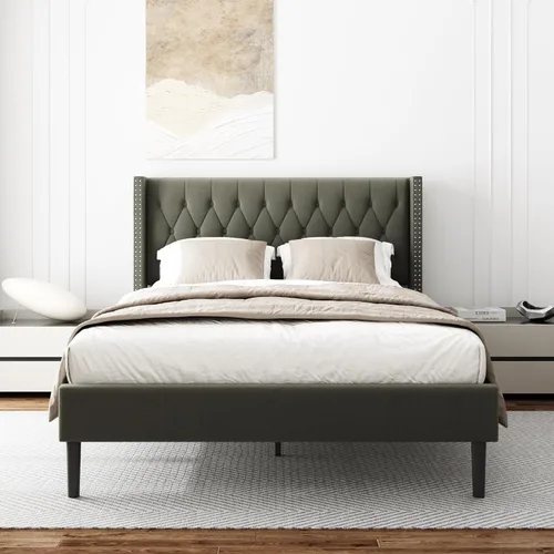 Miniatura 9 de HAOARA Base de cama de tamaño matrimonial, plataforma tapizada con cabecera con respaldo de ala, botón de terciopelo, fácil montaje, no necesita