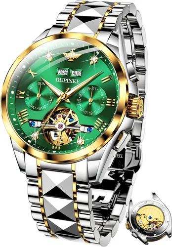 Miniatura 9 de OUPINKE - Reloj automático para hombre, diseño de esqueleto de diamante mecánico de cuerda automática, lujo, reloj de pulsera de cristal de zafiro