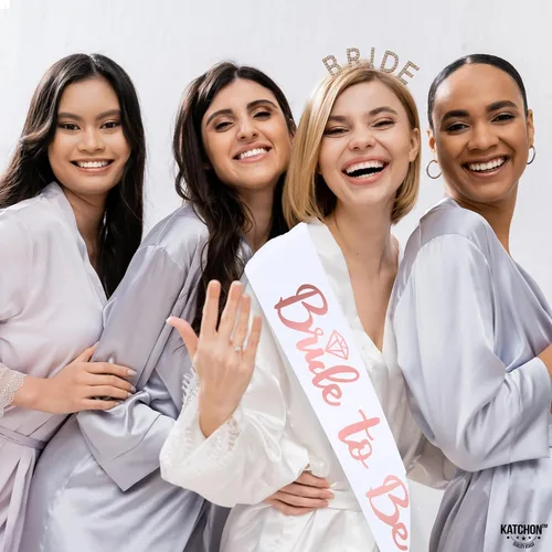 Miniatura 7 de KatchOn, Corona de novia de oro rosa y banda para la novia – Paquete de 2 Banda y diadema para novia Corona de novia para despedida de soltera