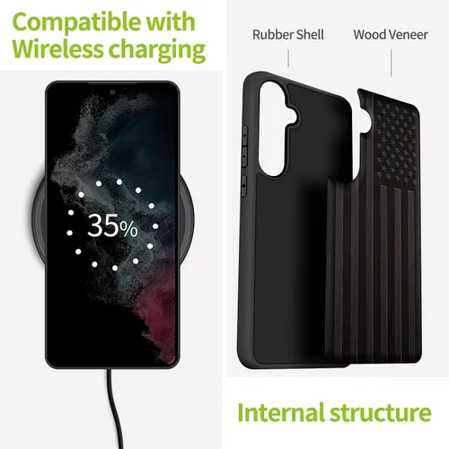 Miniatura 5 de Carveit Funda de madera para Galaxy S24 - Madera natural y TPU negro suave, cubierta protectora a prueba de golpes, diseño de madera único Bandera