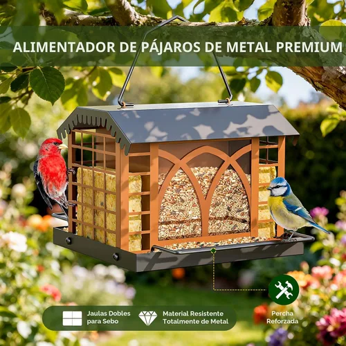 Miniatura 7 de Comederos para pájaros para colgar al aire libre, comedero de metal para pájaros con doble jaula de sebo resistente a la intemperie, techo de metal