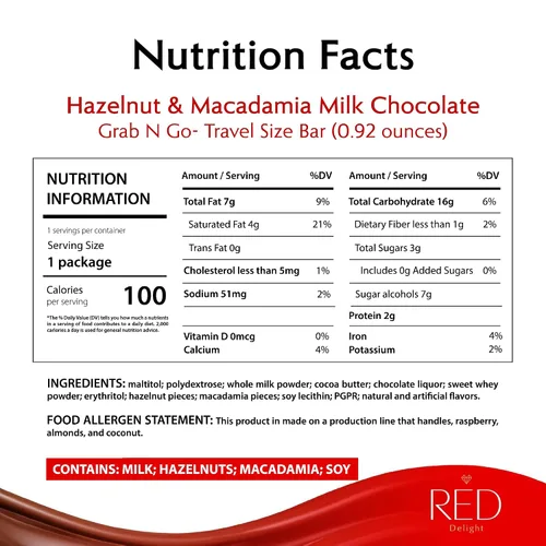 Miniatura 2 de RED Delight - Barras de chocolate con leche de avellana y macadamia sin azúcar añadida, paquete de 24