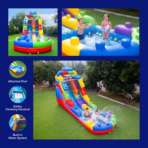 Miniatura 4 de HeroKiddo Tobogán acuático inflable de 16 pies de alto con piscina y soplador acoplables, PVC de grado comercial de 26 pies de largo, tobogán húmedo