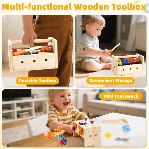 Miniatura 6 de TONZE Juego de herramientas para niños con delantal, caja de banco de herramientas de madera para niños pequeños, juguetes Montessori para niños