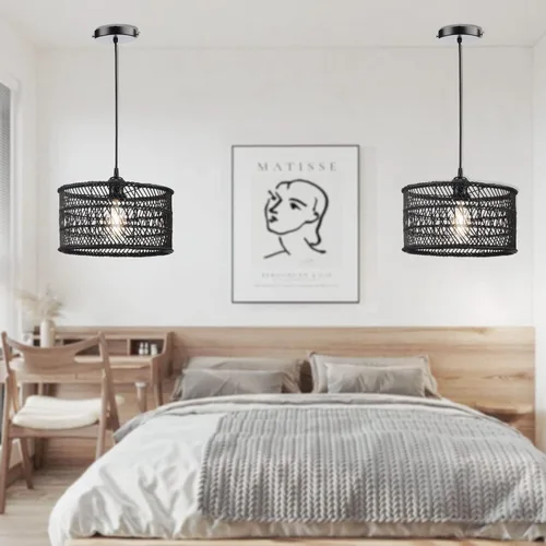 Miniatura 4 de HOONEX Lámpara de araña de ratán, techo de ratán, lámpara colgante de mimbre de 12.4 pulgadas para comedor, dormitorio, isla de cocina, color negro