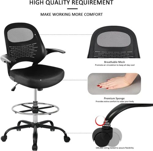 Miniatura 6 de HYLONE Silla de dibujo alta de oficina con reposabrazos abatibles, silla ergonómica para computadora con soporte lumbar, reposapiés ajustable, Marrón