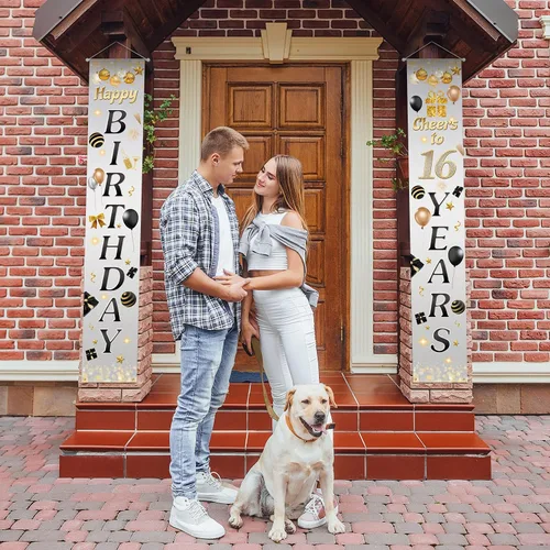 Miniatura 4 de 5665 Cartel de feliz cumpleaños 16 para porche, decoración de puerta gris con texto en inglés "Cheers to 16 años" para fiestas temáticas para niños