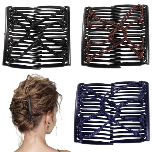 Miniatura 9 de 3 piezas de peine elástico mágico para el cabello, doble peine elástico, horquillas para mujeres, horquillas con cuentas, niñas, peinado vintage