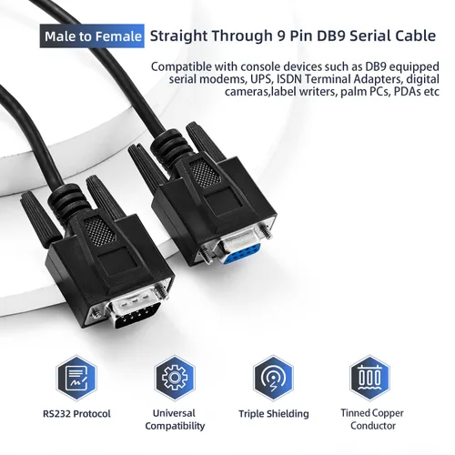 Miniatura 2 de Cable serial recto DB9 RS232, macho de 6 pies a hembra 9 pines recto a través del cable de extensión