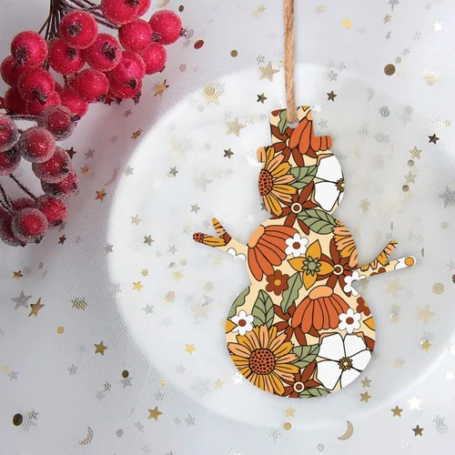 Miniatura 3 de 70s Retro Floral Flower Wooden Christmas Ornaments with Twines Holiday Hanging Decorations Snowman Shapes Wood Slice Ornaments for Christmas Tree
