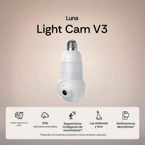 Miniatura 2 de Luna - Cámaras de seguridad inalámbricas para exteriores e interiores, inclinación panorámica de 360°, visión nocturna a color, bombilla LED y foco