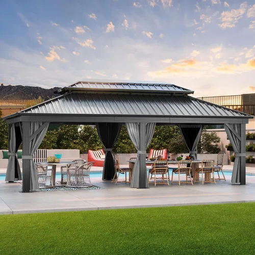 Miniatura 19 de DWVO Gazebo de techo rígido de 10 x 10 pies, techo doble con redes y cortinas, techo de rayas verticales de acero galvanizado resistente para patio