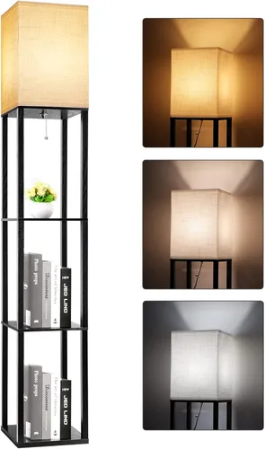 Miniatura 14 de Lámpara de pie RUNTOP Plus con estantes, lámpara de estante con bombilla LED de 15W, 3 colores, función de memoria, estante de exhibición ancho