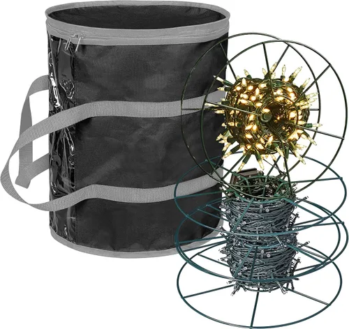ProPik Bolsa de almacenamiento de luces de Navidad | Organizador de almacenamiento de luces navideñas con 3 carretes de metal para luces de árbol y