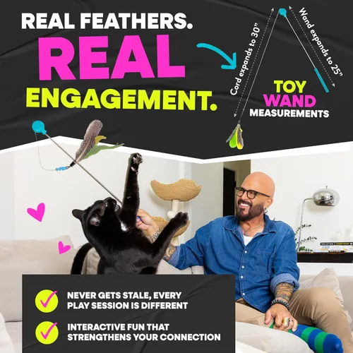 Miniatura 6 de Jackson Galaxy Gotcha! Juguete de varita para gatos, juguete retráctil para juegos atractivos, varita telescópica con plumas naturales para gatos