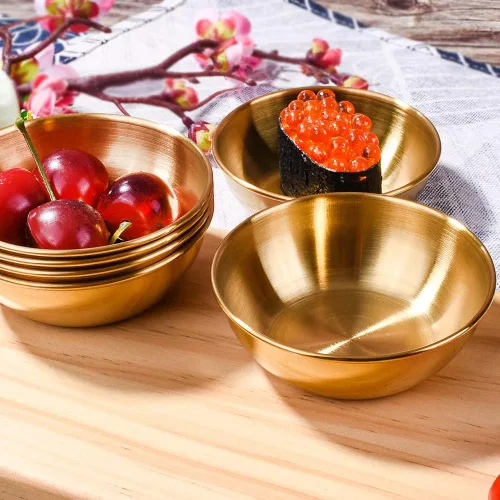 Miniatura 4 de Juego de 6 platos de salsa de soja de acero inoxidable, cuencos redondos dorados para sushi, albóndigas y olla caliente, platos de condimentos