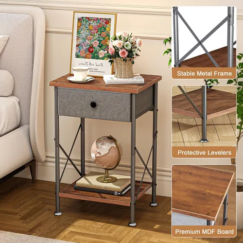 Miniatura 5 de VECELO Mesitas de noche modernas y versátiles, diseño X, mesa auxiliar de noche, estante de almacenamiento con cajón para sala de estar y Marrón