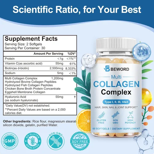 Miniatura 2 de BEWORD Cápsulas blandas de colágeno múltiple para mujeres y hombres, 60 cápsulas – Colágeno hidrolizado tipo I, II, III, V, X con vitamina C y ácido