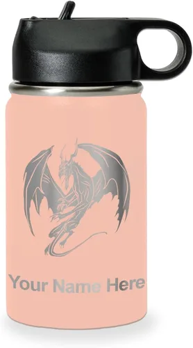 Miniatura 45 de LaserGram Botella de agua con tapa abatible de doble pared de 12 onzas con pajilla, dragón, grabado personalizado incluido (negro)